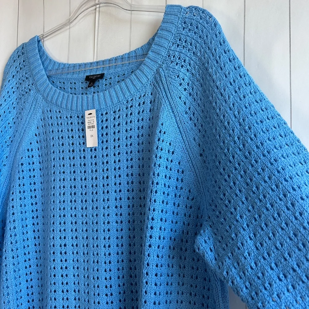 Talbots plus size 3X open knit raglan sweater pullover blue 100% cotton NEW - Picture 8 of 12